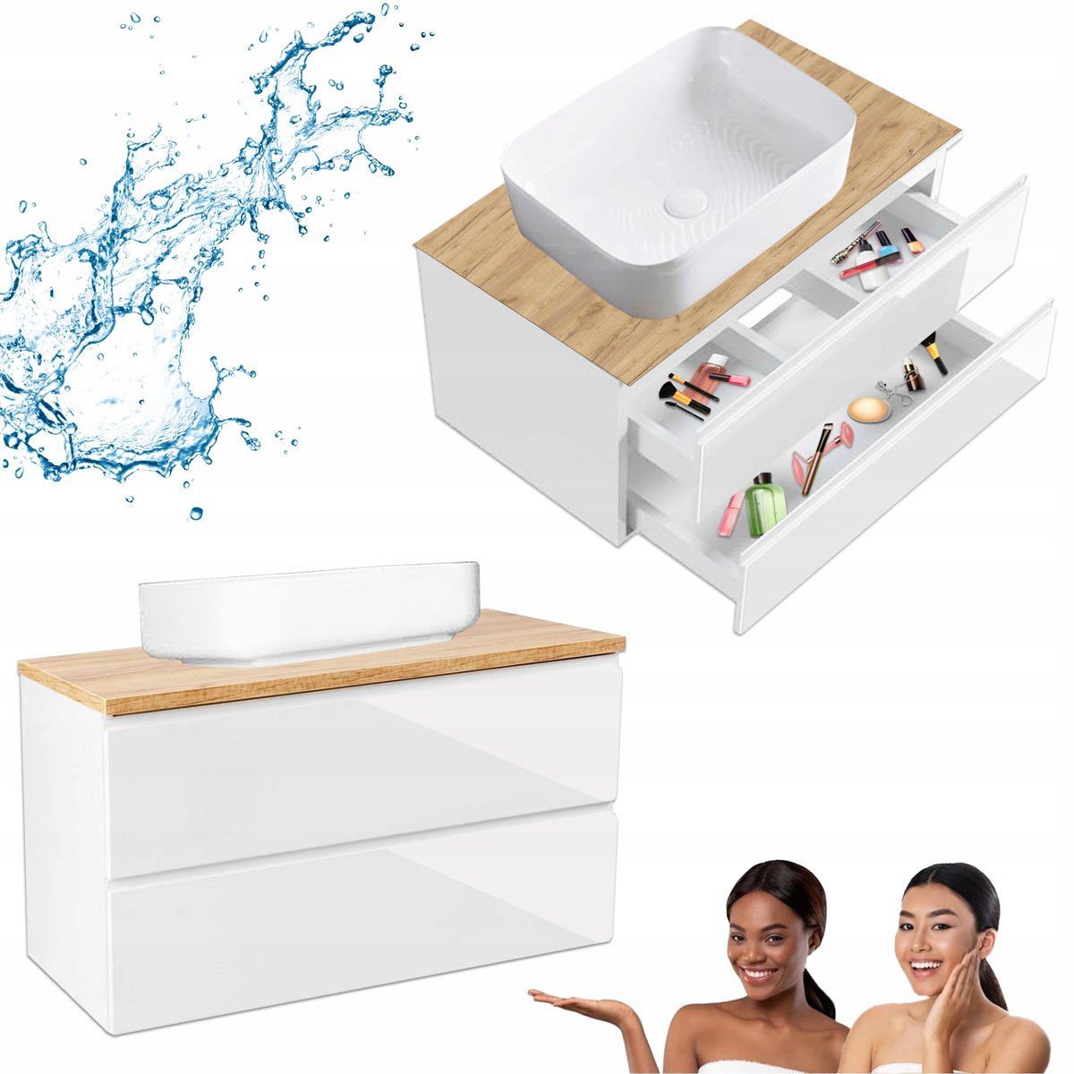 Szafka Wisząca Mod Biała + Blat Dąb Złoty 100 Lakier Umywalka Nablatowa 50