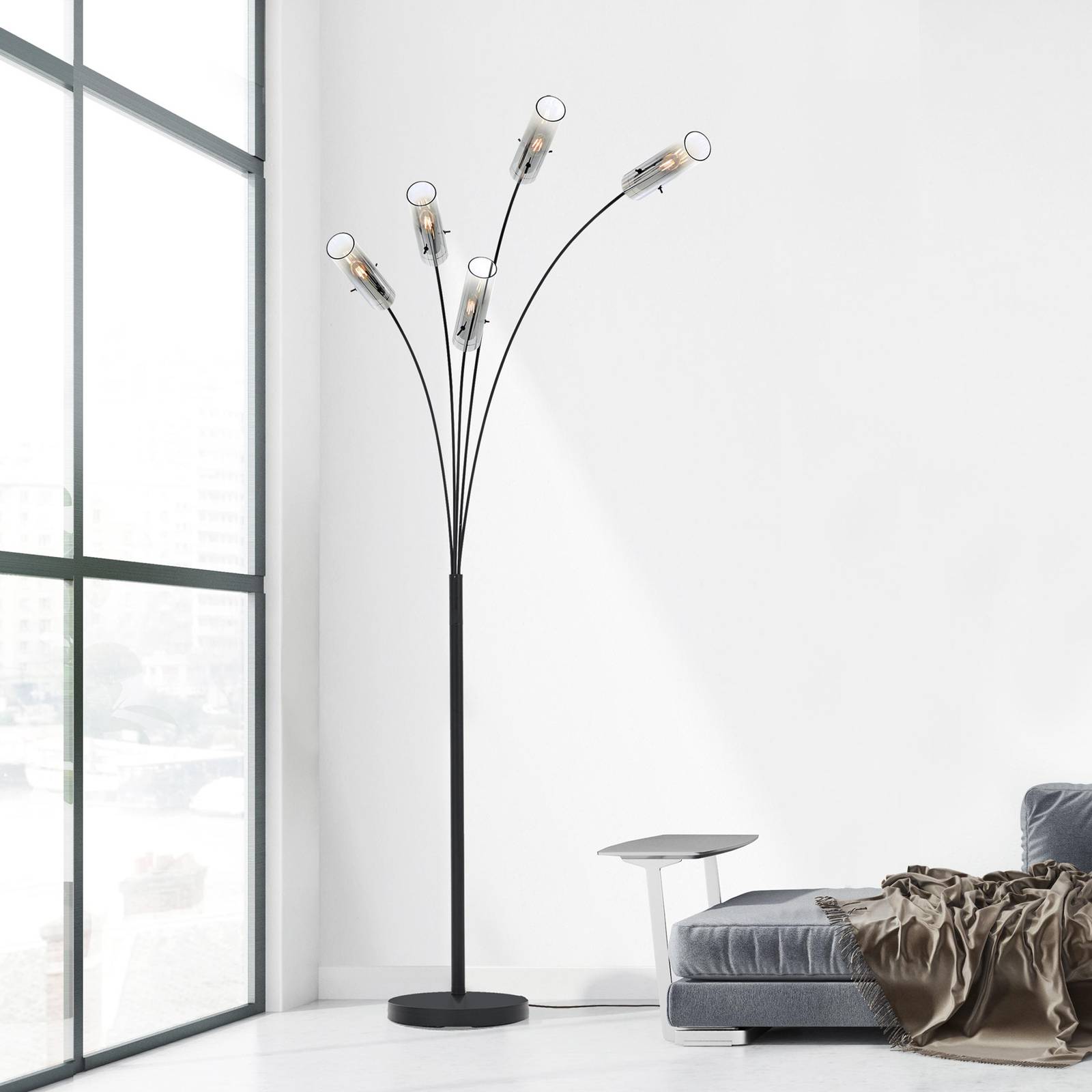 Brilliant Lampa stojąca Glasini, wysokość 200 cm, dymny szary, 5-punktowa, szkło