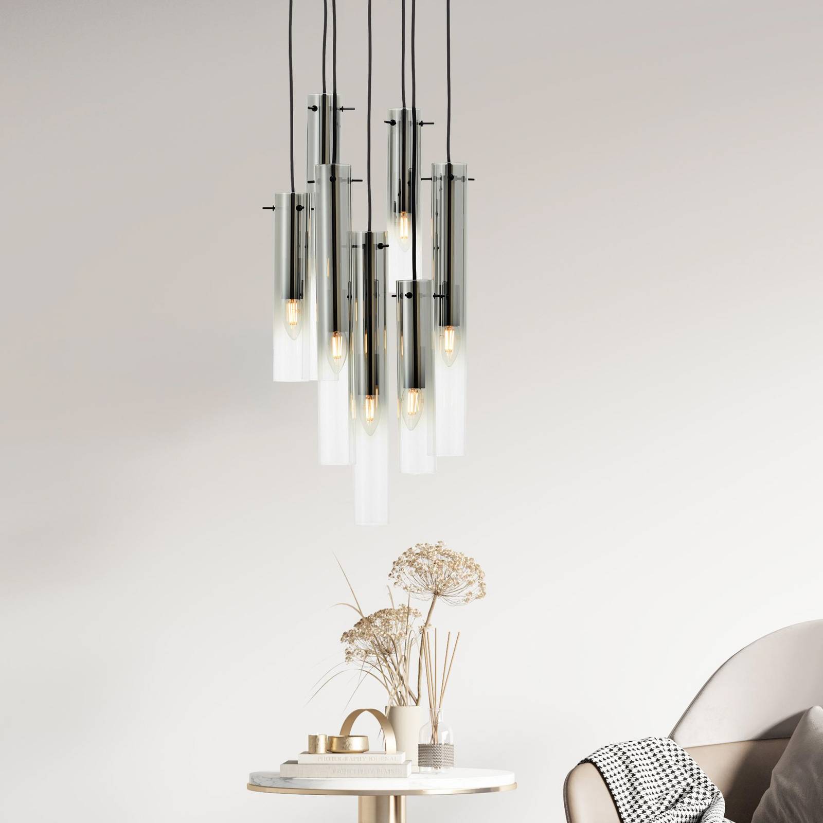 Brilliant Lampa wisząca Glasini, Ø 32 cm, dymny szary, 7-punktowa, szkło