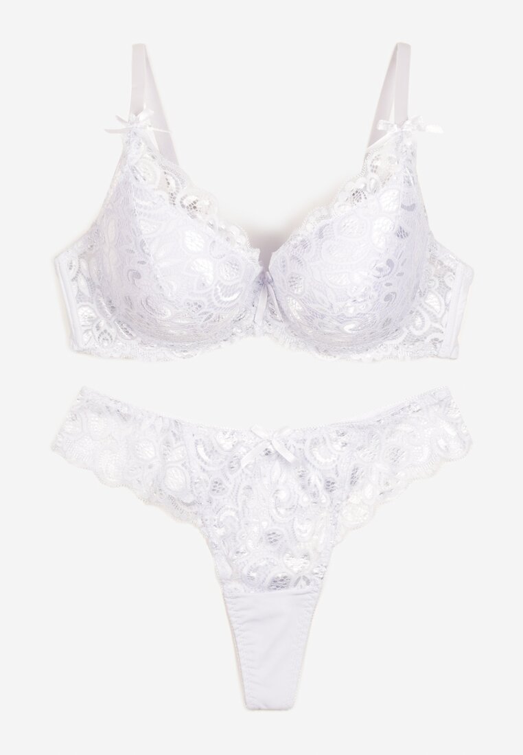 Biały Komplet Bielizny z Koronką i Kokardkami Biustonosz i Stringi Nasorinne