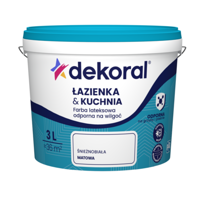 Farba lateksowa odporna na wilgoć ŁAZIENKA KUCHNIA Śnieżnobiała 3 l Dekoral