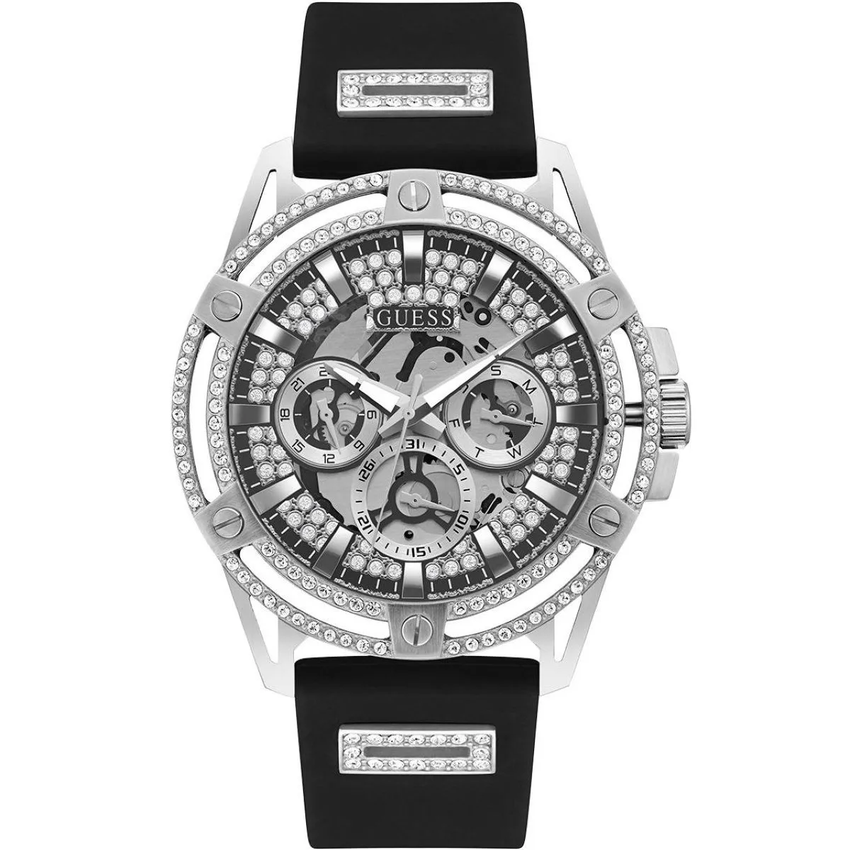 Guess King zegarek męski z czarnym paskiem kryształy GW0537G1