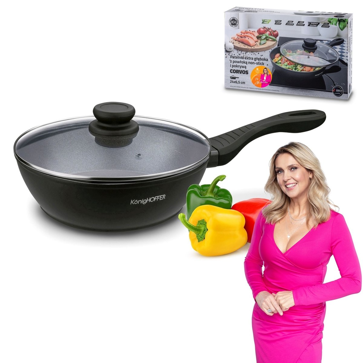 Aluminiowa PATELNIA INDUKCJA gaz BEZTŁUSZCZOWA patelnia 24 cm Corvos Konighoffer