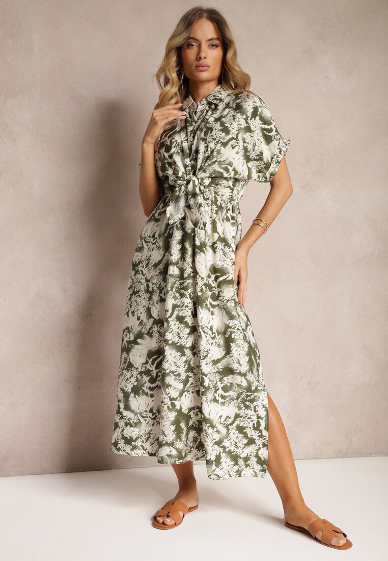 Ciemnozielona Sukienka Taliowana z Gumką w Talii Nasilena