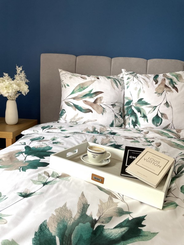 Pościel bawełniana satynowa 160x200 cm POLSKA KWIATY LIŚCIE ZIELONE