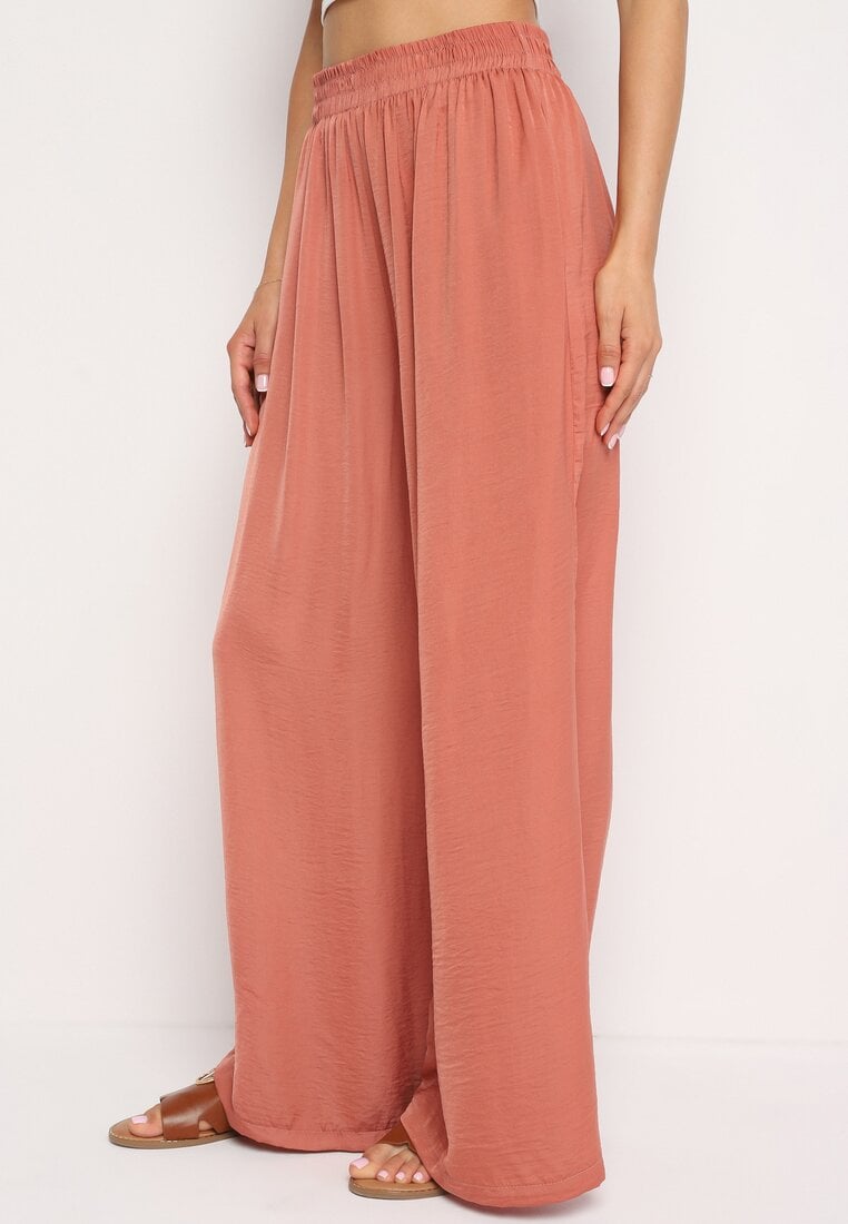 Brązowe Szerokie Spodnie z Wiskozą i Wysokim Stanem i Gumką w Talii Kelevevia