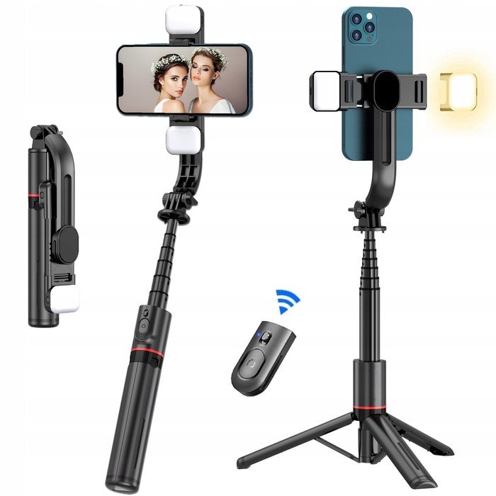 Bezprzewodowy SELFIE STICK TRIPOD z lampą LED X2 i pilotem 1085mm czarny