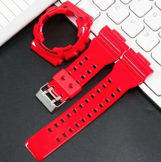 2W1 opaska pasek + etui BEZEL do Casio G-SHOCK GA-100 GA-110 GD-100 G-8900 czerwona glossy (czarny napis; srebrna klamra)