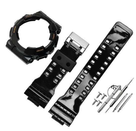 2W1 opaska pasek + etui BEZEL do Casio G-SHOCK GA-100 GA-110 GD-100 G-8900 czarna glossy (czarny napis; srebrna klamra)