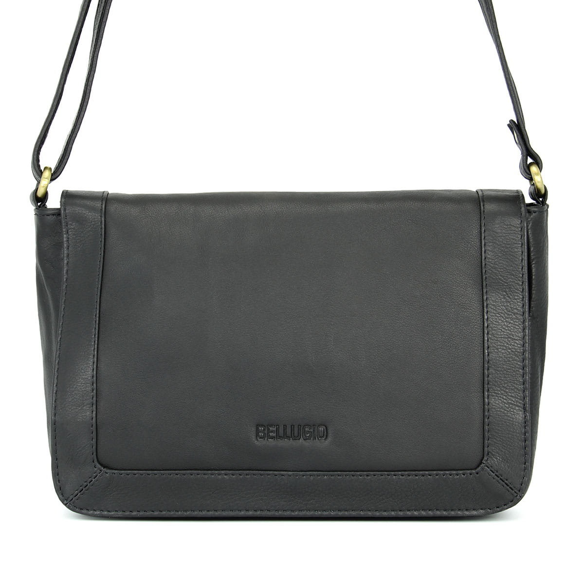 Skórzana torebka listonoszka z klapką - czarna