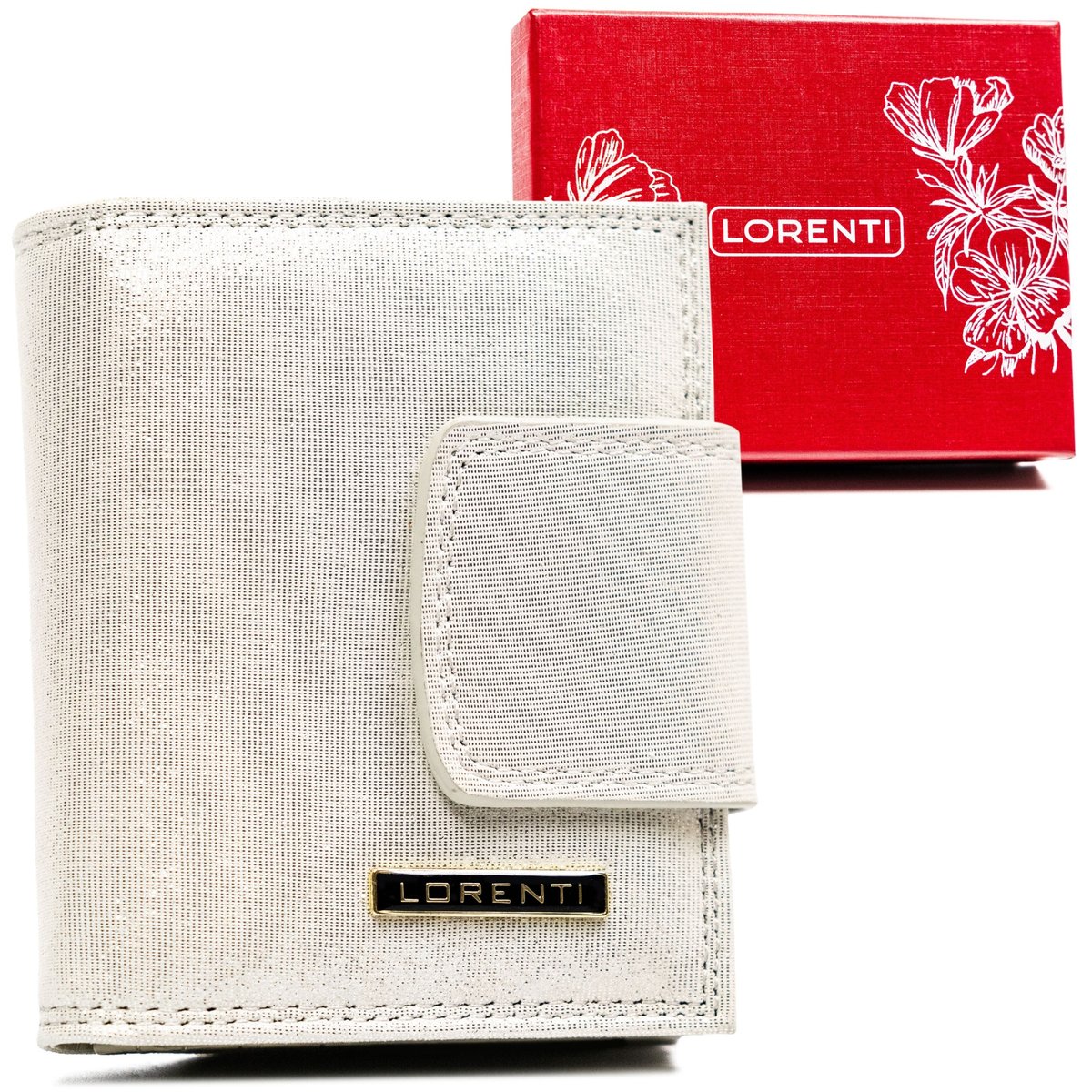 Mały portfel damski ze skóry naturalnej błyszczący ochrona RFID Lorenti, srebrny