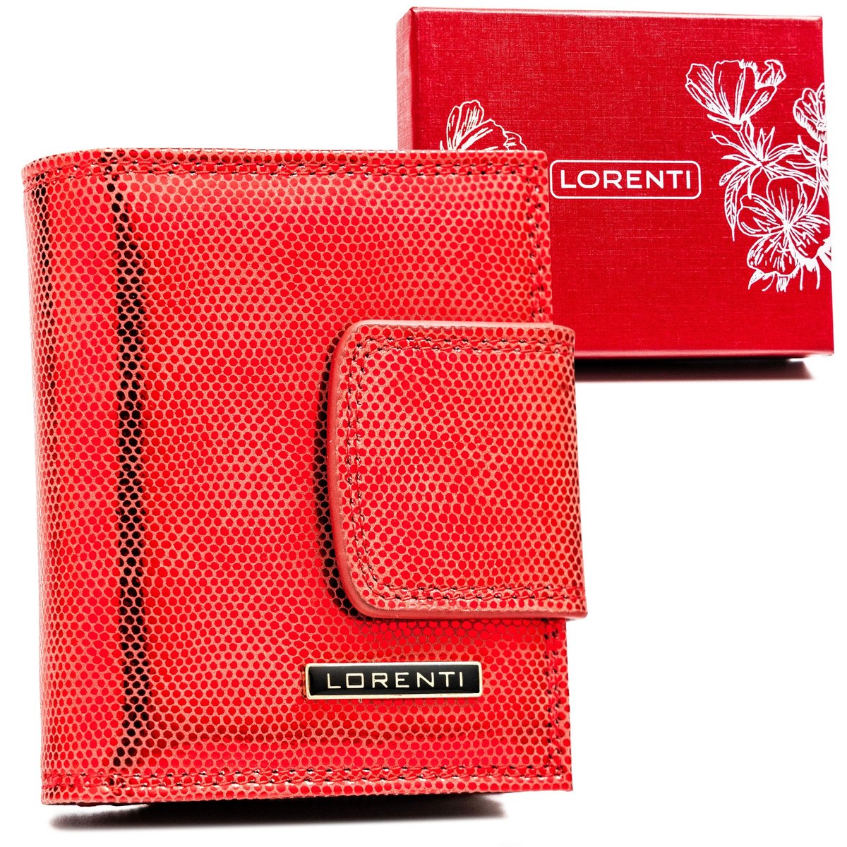 Mały, błyszczący portfel damski na karty z ochroną RFID Lorenti, czerwony