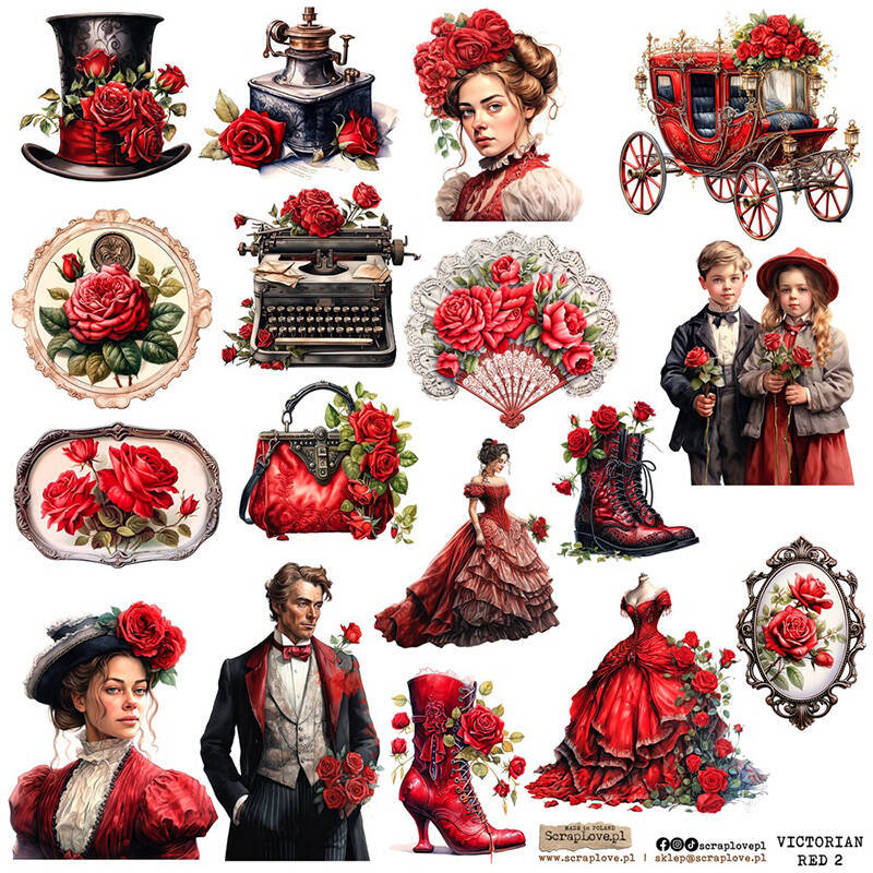 NAKLEJKI PAPIEROWE 24x24 ScrapLove - Victorian red 2