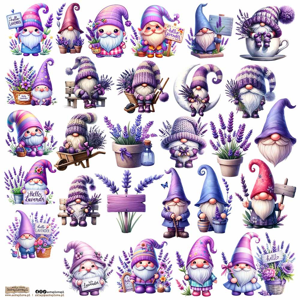 NAKLEJKI PAPIEROWE 24x24 ScrapLove - Gnomes Lavender
