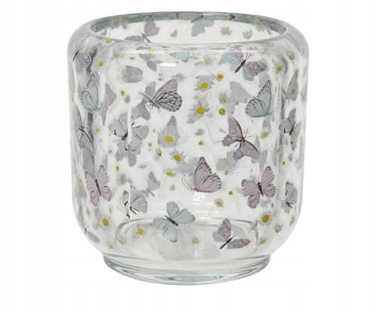 Świecznik szklany wzór z motylem i stokrotką 8,5x8,5 cm