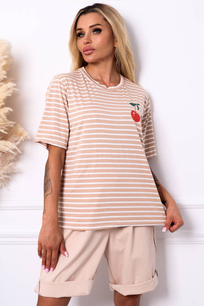 T-SHIRT W PASKI Z OZDOBNĄ APLIKACJĄ- BEŻOWY - Olika