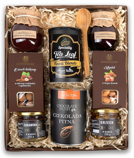 duży KOSZ PREZENTOWY herbata i czekolada miody