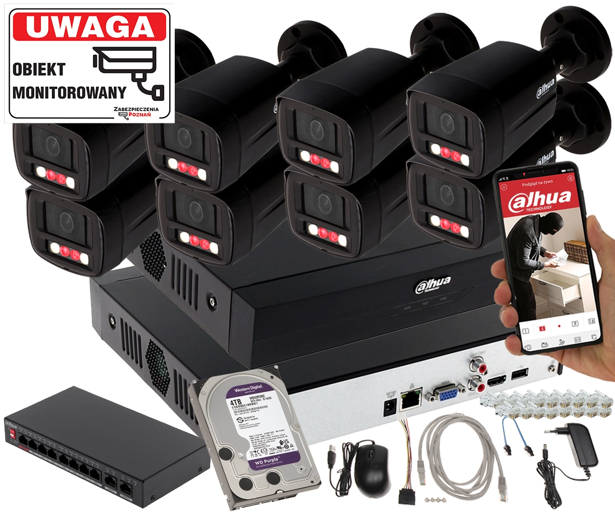 Monitoring Dahua IPC-HFW1439TL1-A-IL-Black Smart Dual Light + Rejestrator + Dysk + Switch PoE