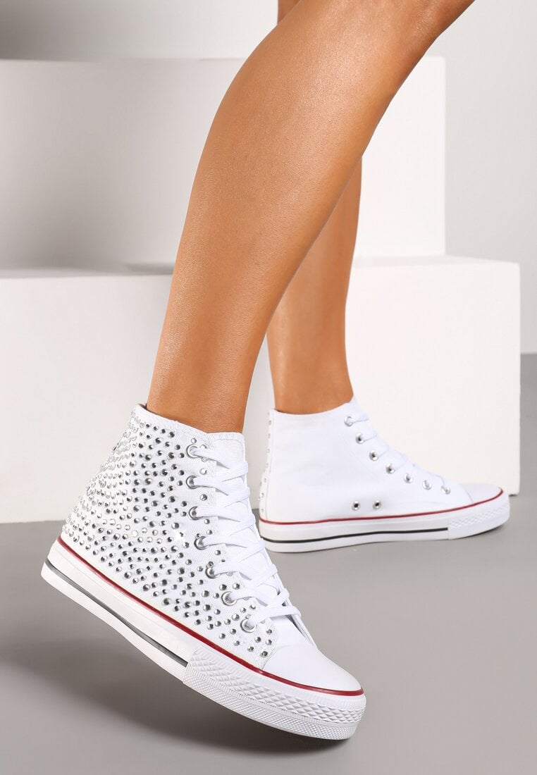 Białe Cyrkoniowe Trampki na Płaskiej Podeszwie z Wysoką Cholewką Isisea