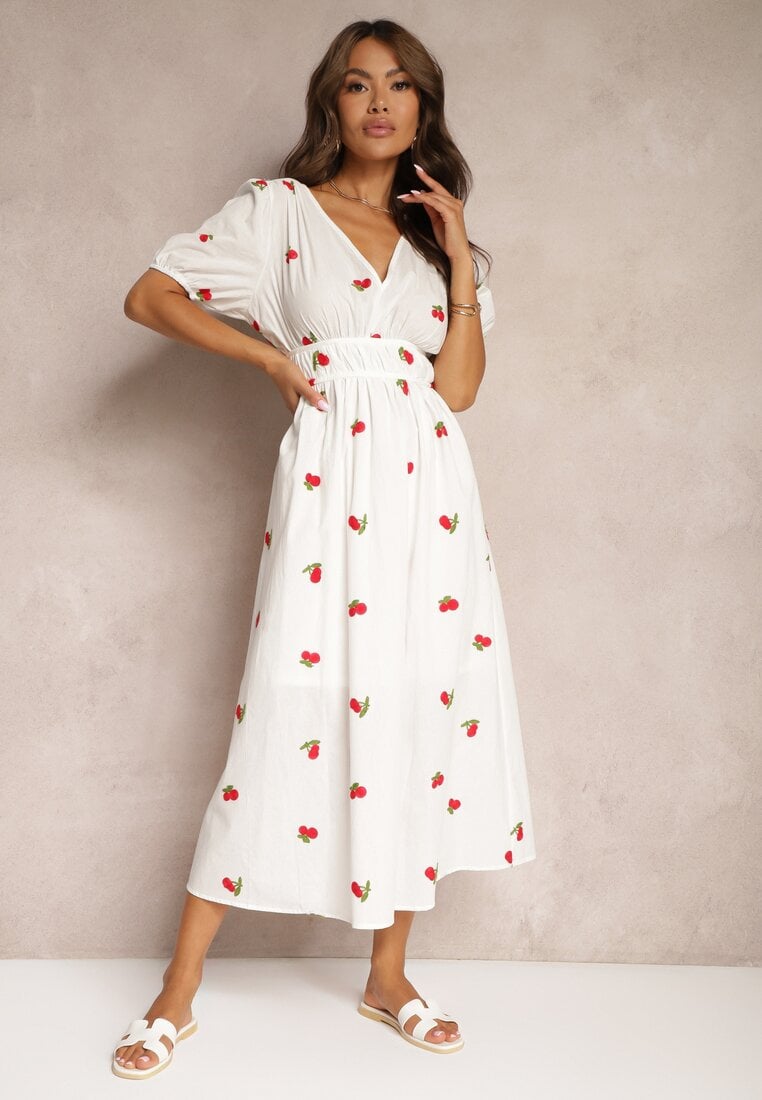 Biała Rozkloszowana Koktajlowa Sukienka z Bawełny z Gumką w Talii i Haftem z Wisienkami Vimasina
