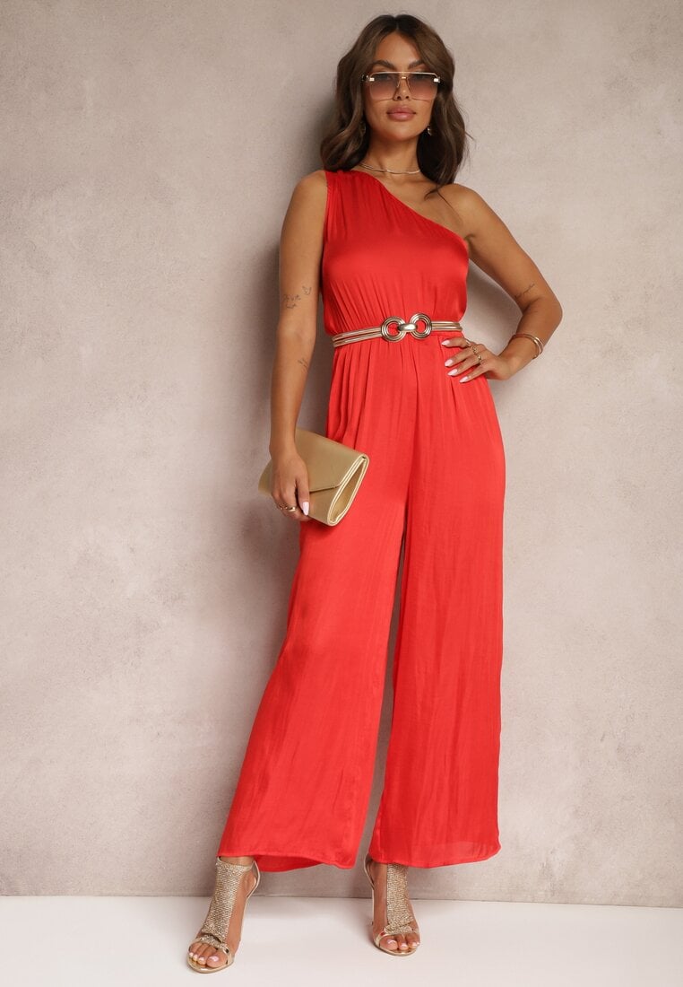 Różowy Koktajlowy Kombinezon na Jedno Ramię z Szerokimi Nogawkami i Gumką w Talii Vimalitas