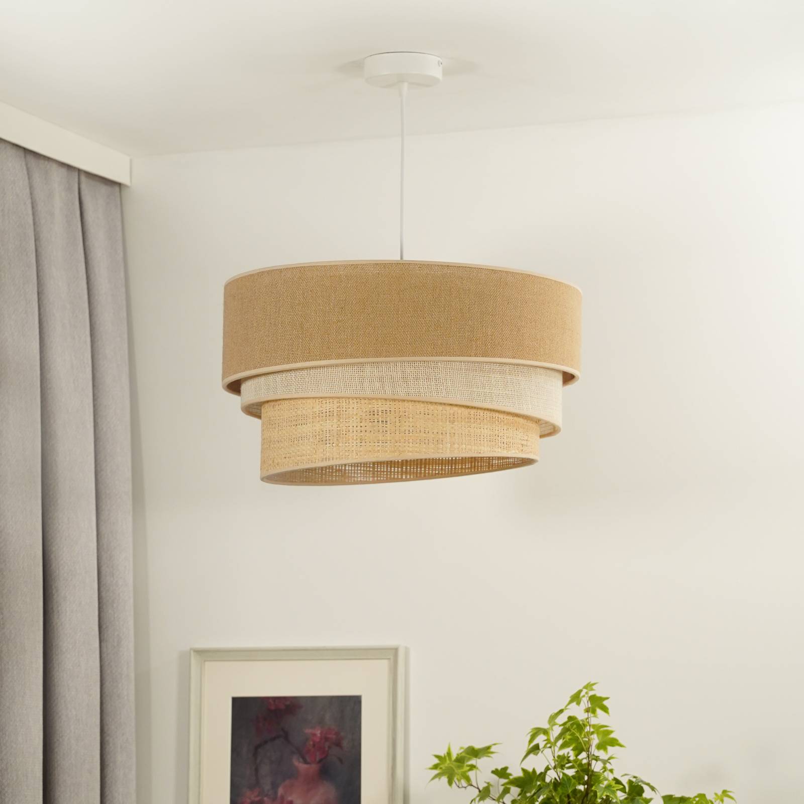 Lampa wisząca Euluna Trio Jute, naturalny brąz/biały/rafia, Ø 45 cm