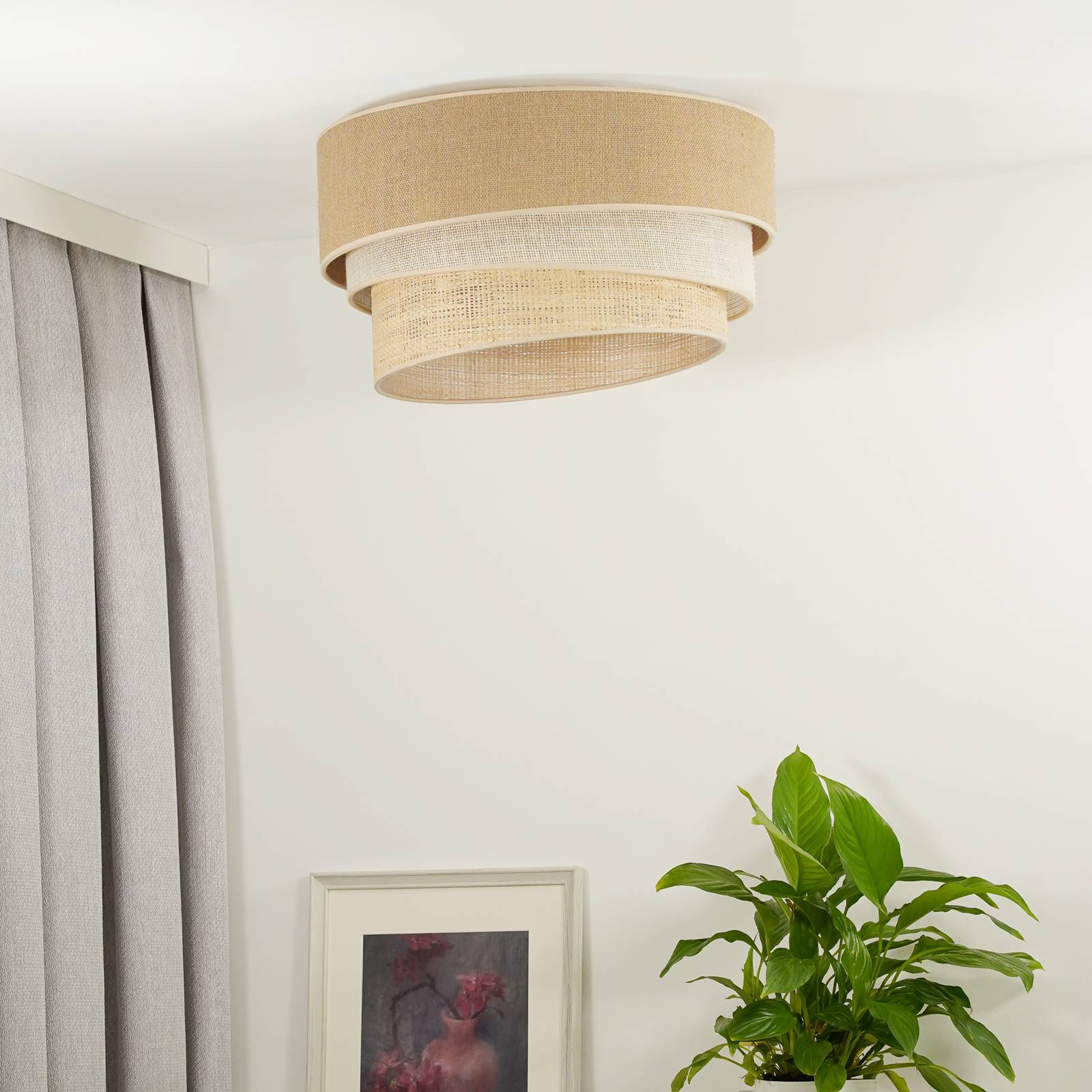 Lampa sufitowa Euluna Trio Jute, naturalny brąz/biały/rafia Ø 45 cm