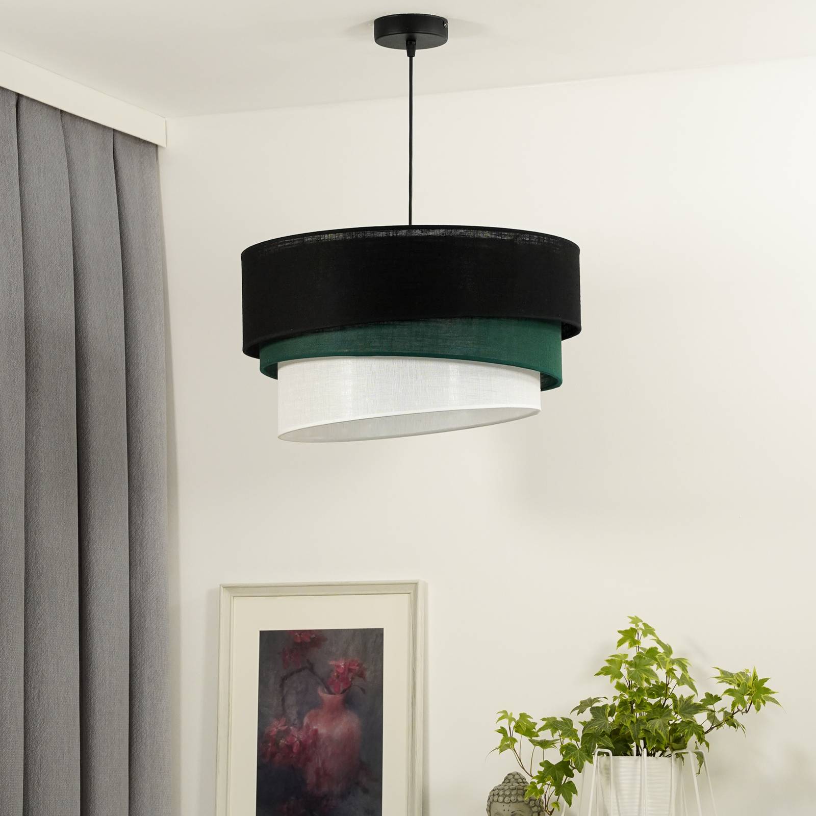 Euluna żyrandol Trio, czarny/zielony/biały, tekstylny, Ø 45 cm