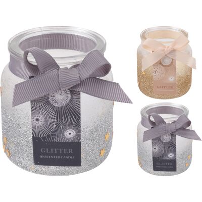 Świeca w szklanym słoiku brokat i gwiazdki 6 x 6,5 cm mix