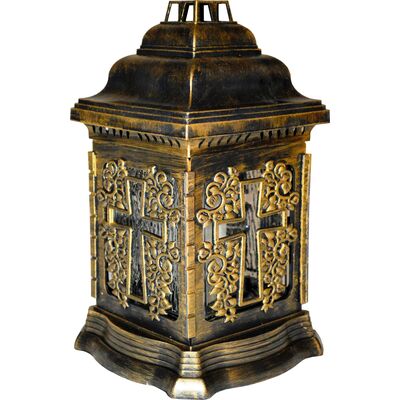 Znicz szklany w plastikowej obudowie kapliczka złoty 26 cm krzyż ADMIT