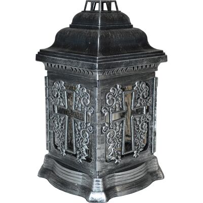 Znicz szklany w plastikowej obudowie kapliczka srebrny 26 cm krzyż ADMIT