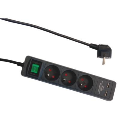 Przedłużacz 3-gniazdowy + 2 x USB 2,4 A i łącznikiem 1,4 m grafitowy