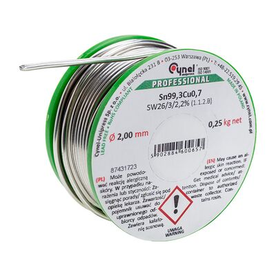 Cyna bezołowiowa Sn99,3Cu0,7 topnik SW26 2,0 mm 100 g szpulka Cynel