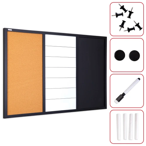 Tablica combi 3 w 1: suchościeralno-magnetyczna biała, magnetyczno-kredowa czarna oraz korkowa 90x60 cm + GRATIS