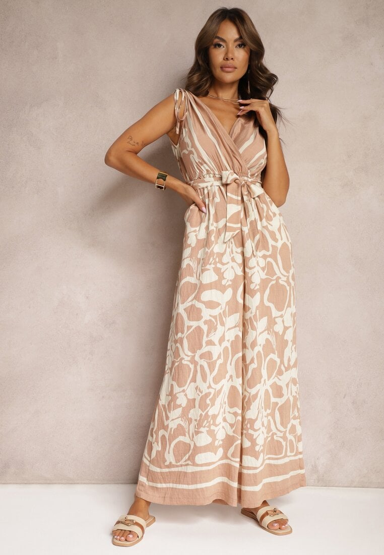 Różowy Kombinezon z Dodatkiem Wiskozy Paskiem w Talii i Kopertowym Dekoltem Paratia