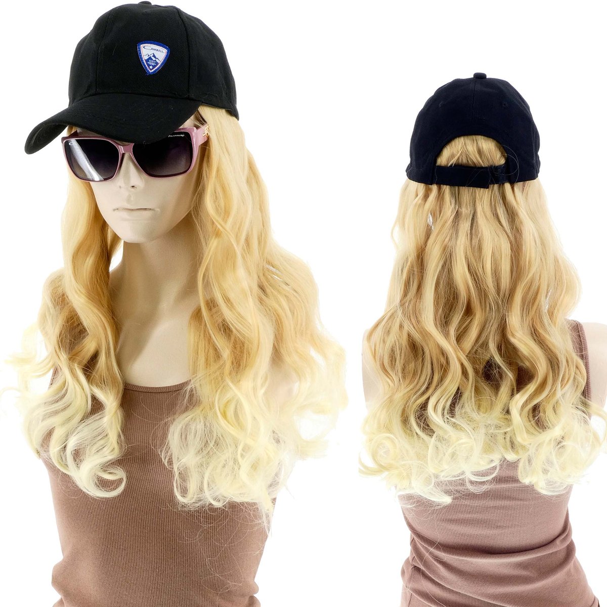 Damska Czapka Z Daszkiem I Peruką  Włosy Długość 40cm Jasny Blond Kręcone