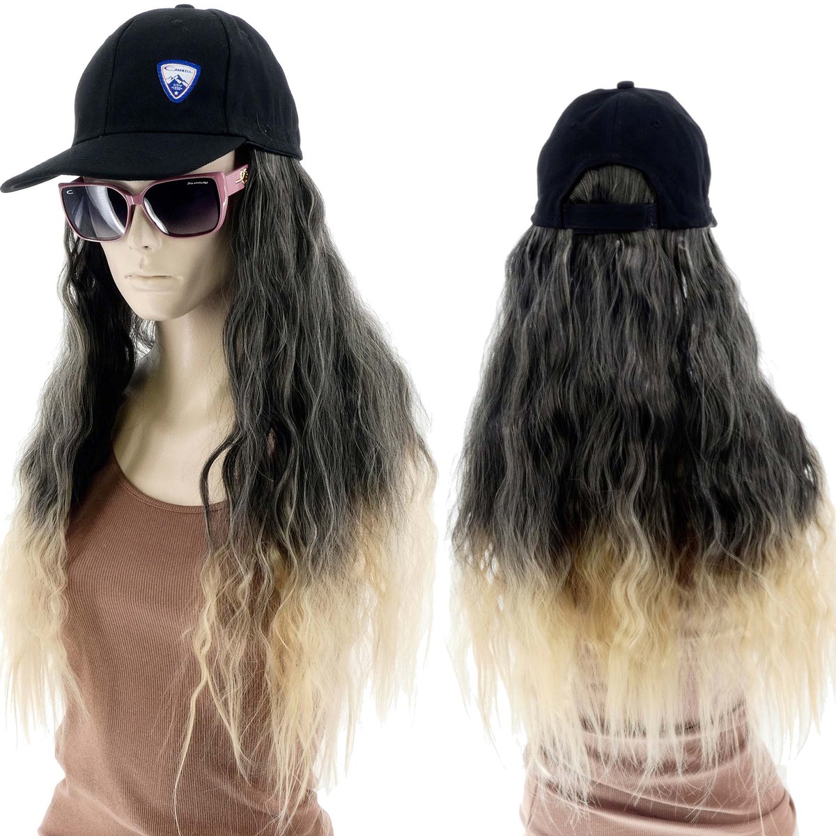 Damska Czapka Z Daszkiem I Peruką  Włosy Długość 40cm Szary Blond