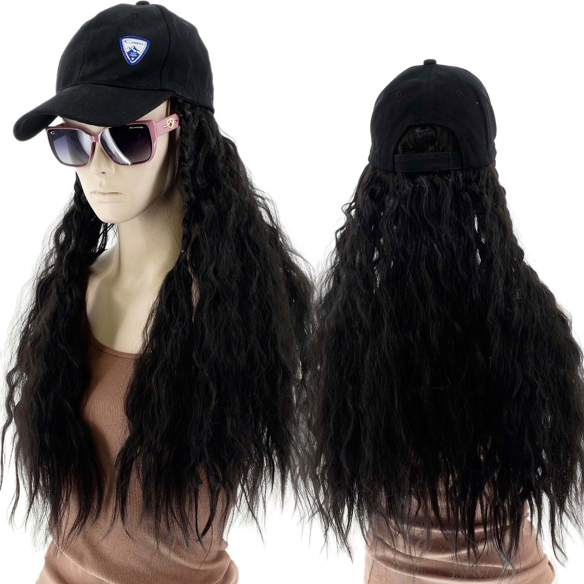 Damska Czapka Z Daszkiem I Peruką Regulowany Pasek Włosy Długość 40cm Czerń