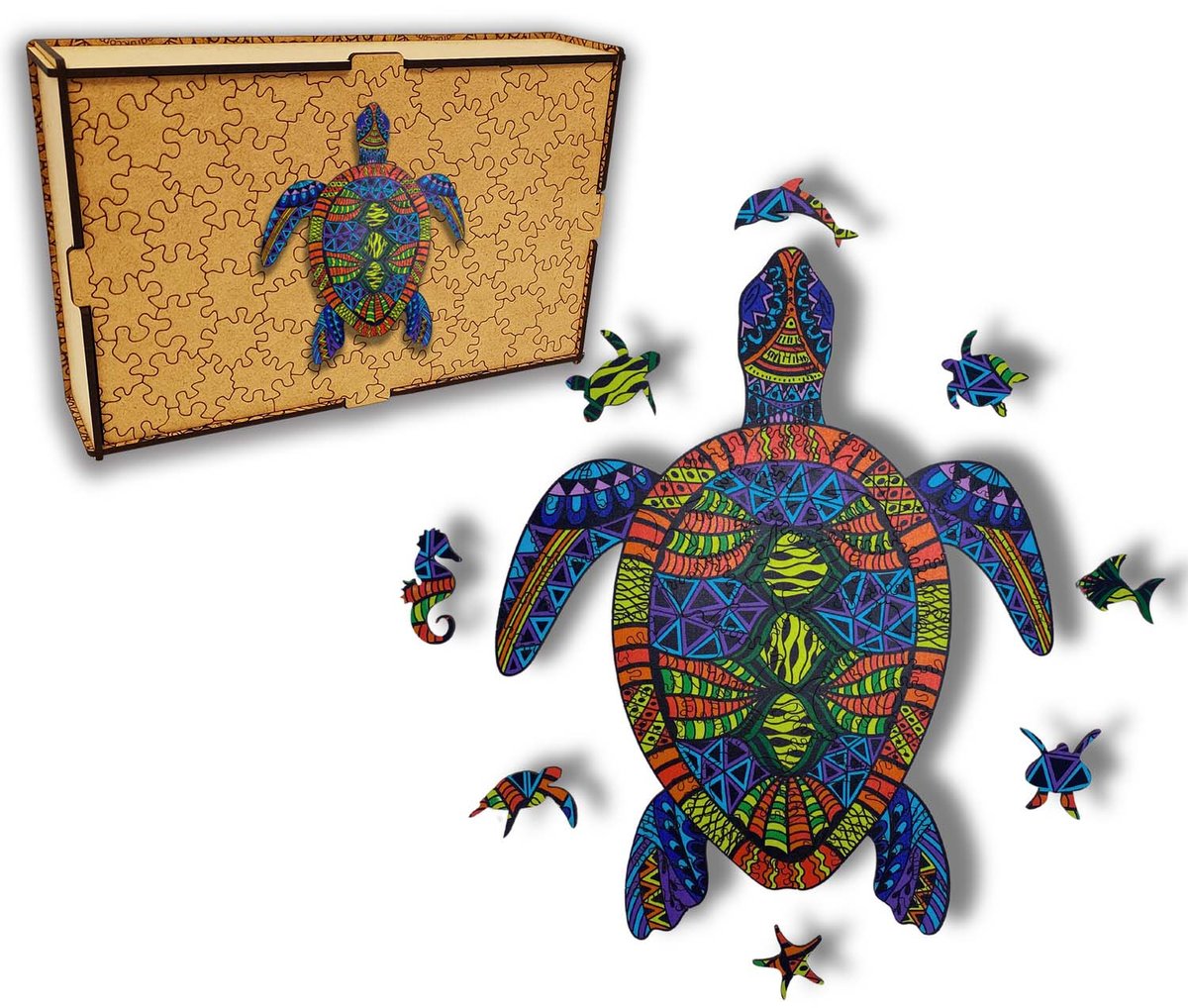 Puzzle Drewniane dla dzieci i dorosłych Żółw Turtle w drewnianym pudełku