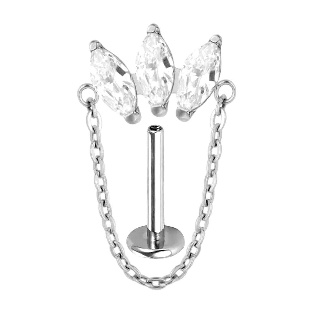 Kolczyk Tytanowy labret z łańcuszkiem i trzema cyrkoniami HELIX Flat 1,2/6