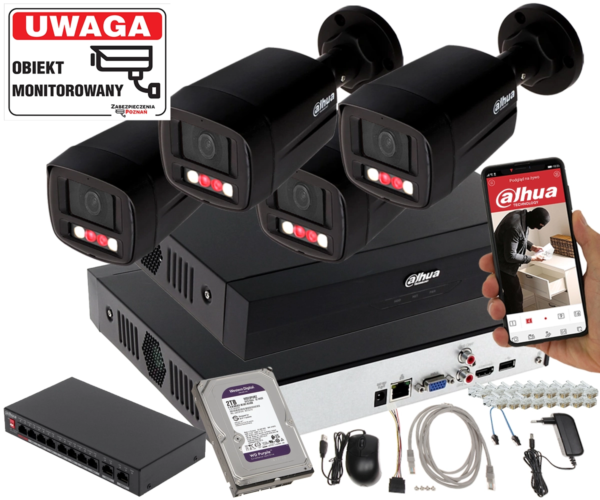 Zestaw 4 kamery IPC-HFW1439TL1-A-IL-Black Smart Dual Light + Rejestrator + Dysk + Switch PoE