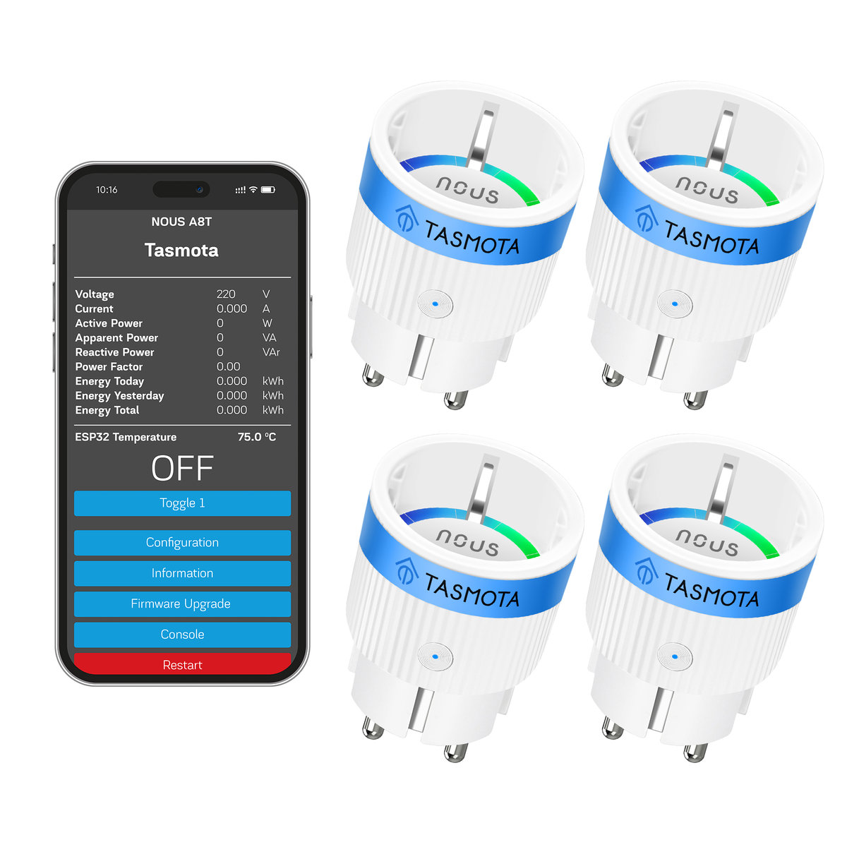 INTELIGENTNE GNIAZDKO WTYCZKA WIFI NOUS A8T TASMOTA ESP32 MATTER 10A ZESTAW 4 SZTUKI