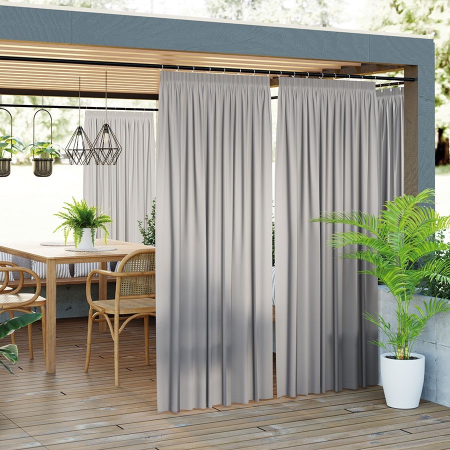 Gotowa zasłona tarasowa na taśmie Gardenia, kolor beżowo szary, dostępna w rozmiarze 140x240 cm