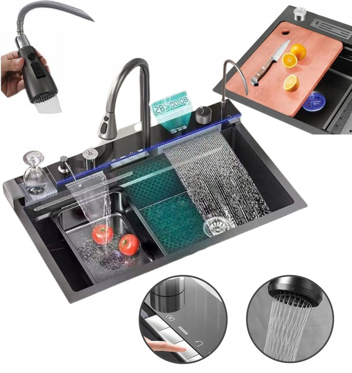 ZLEW KUCHENNY JEDNOKOMOROWY ZLEWOZMYWAK Z OCIEKACZEM CZARNY NAKŁADANY LCD 68cm