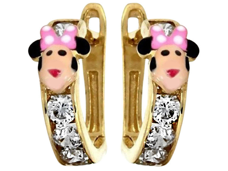 Złote Kolczyki 585 Dla Dziewczynki Z Myszką Mini Różowa Myszka Kokardka Z Emalii 14Kt Cyrkonie