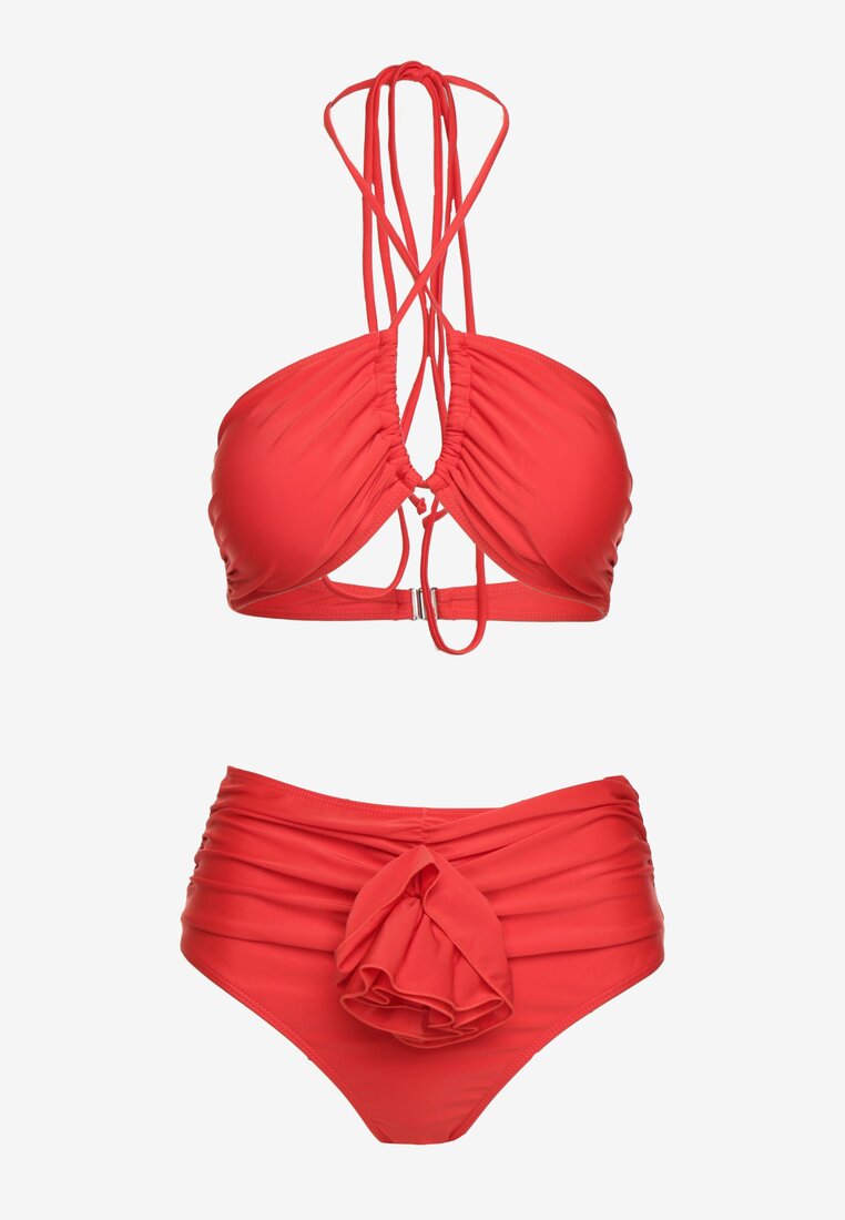 Czerwone Bikini 2-Częściowe Stanik Wiązany na Szyi Figi z Podwyższonym Stanem Tegelia