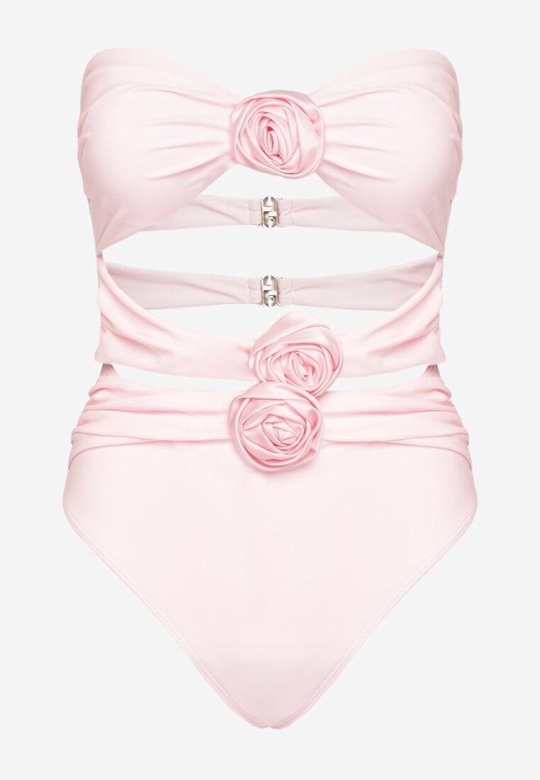 Różowy Jednoczęściowy Strój Kąpielowy z Wycięciami i Aplikacjami w Formie Kwiatów Vegelia