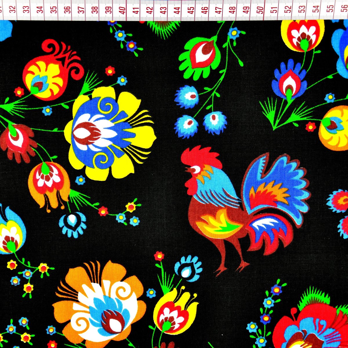Tkanina bawełniana wzór koguty łowickie czarne tło