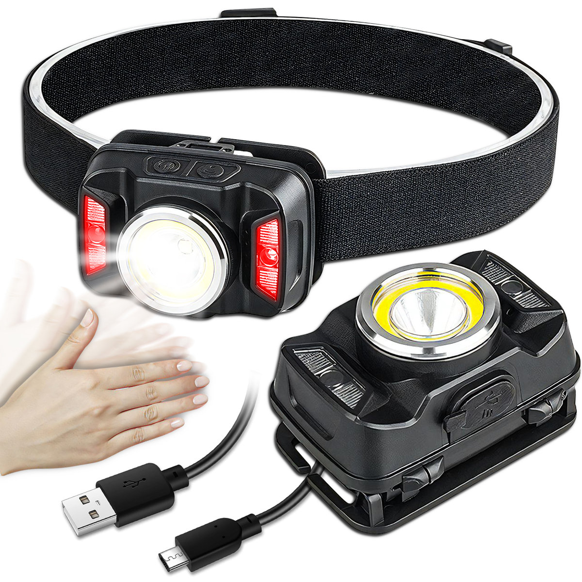 MOCNA Latarka Czołowa Akumulator Lampa Czołówka LED na Głowę CZUJNIK RUCHU ESEN97