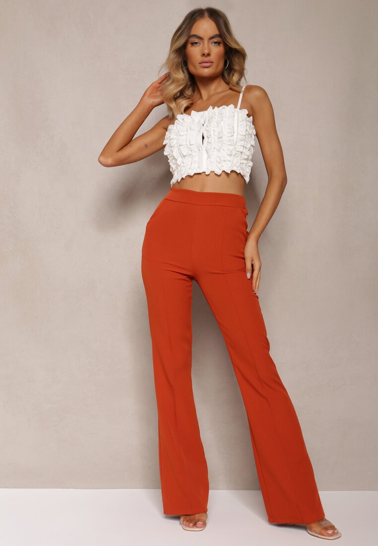 Pomarańczowe Szerokie Spodnie Garniturowe z Wysokim Stanem i Gumką w Talii Meaba